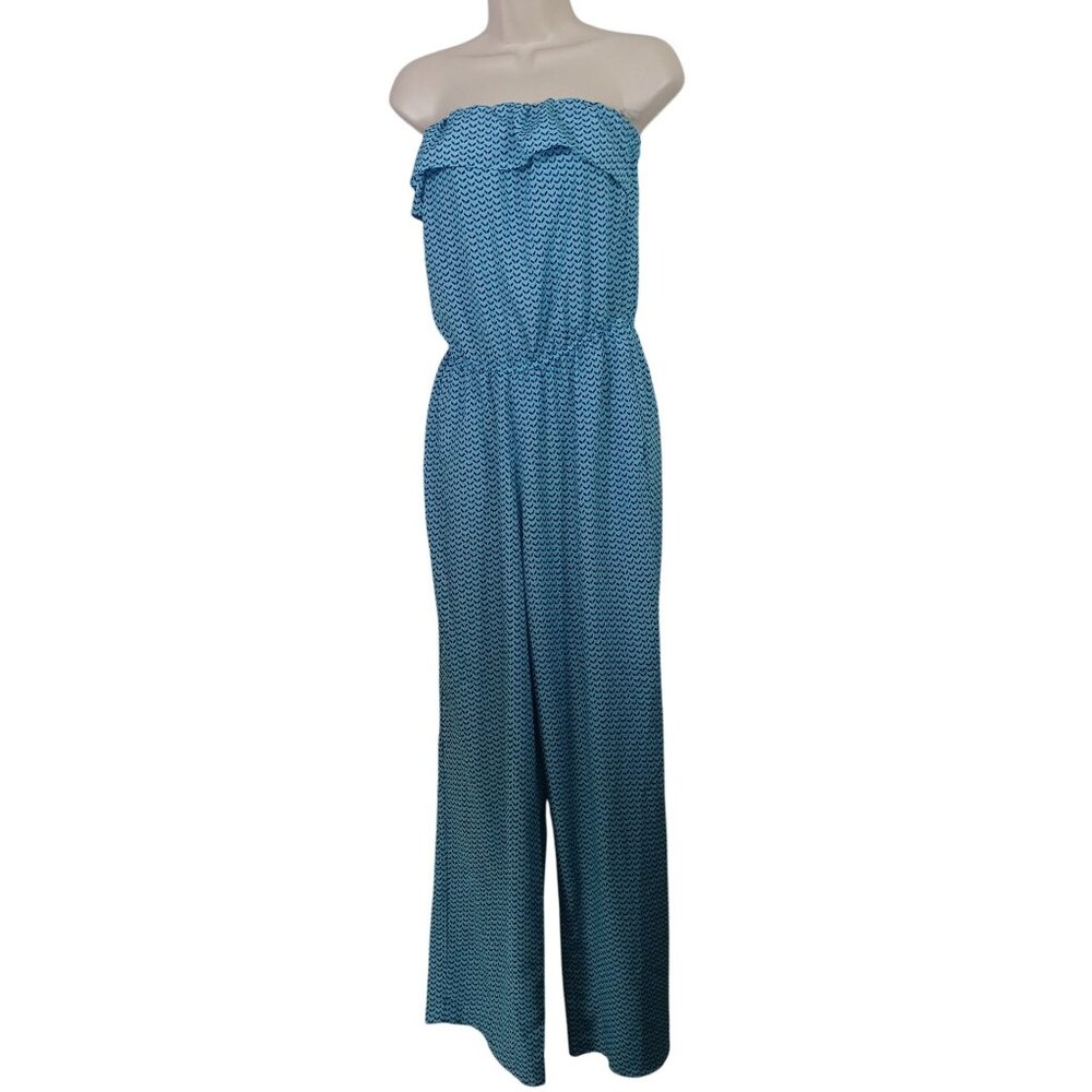 Love Fire Strapless Blue Patterned  Jumpsuit Women Size M Elastic Waist Pockets